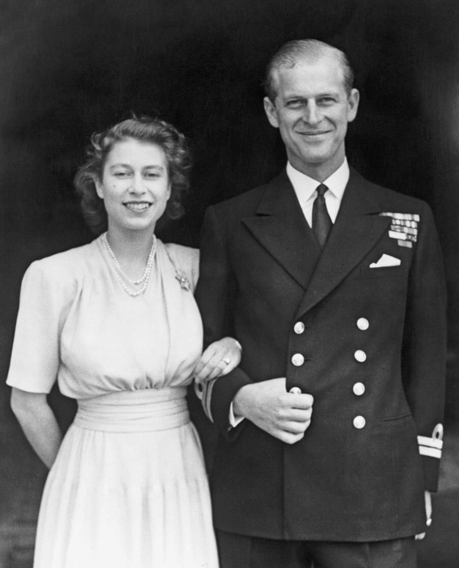 Prince Philip with Princess Elizabeth posing for a photo shortly after they announced their engagement, 1947.