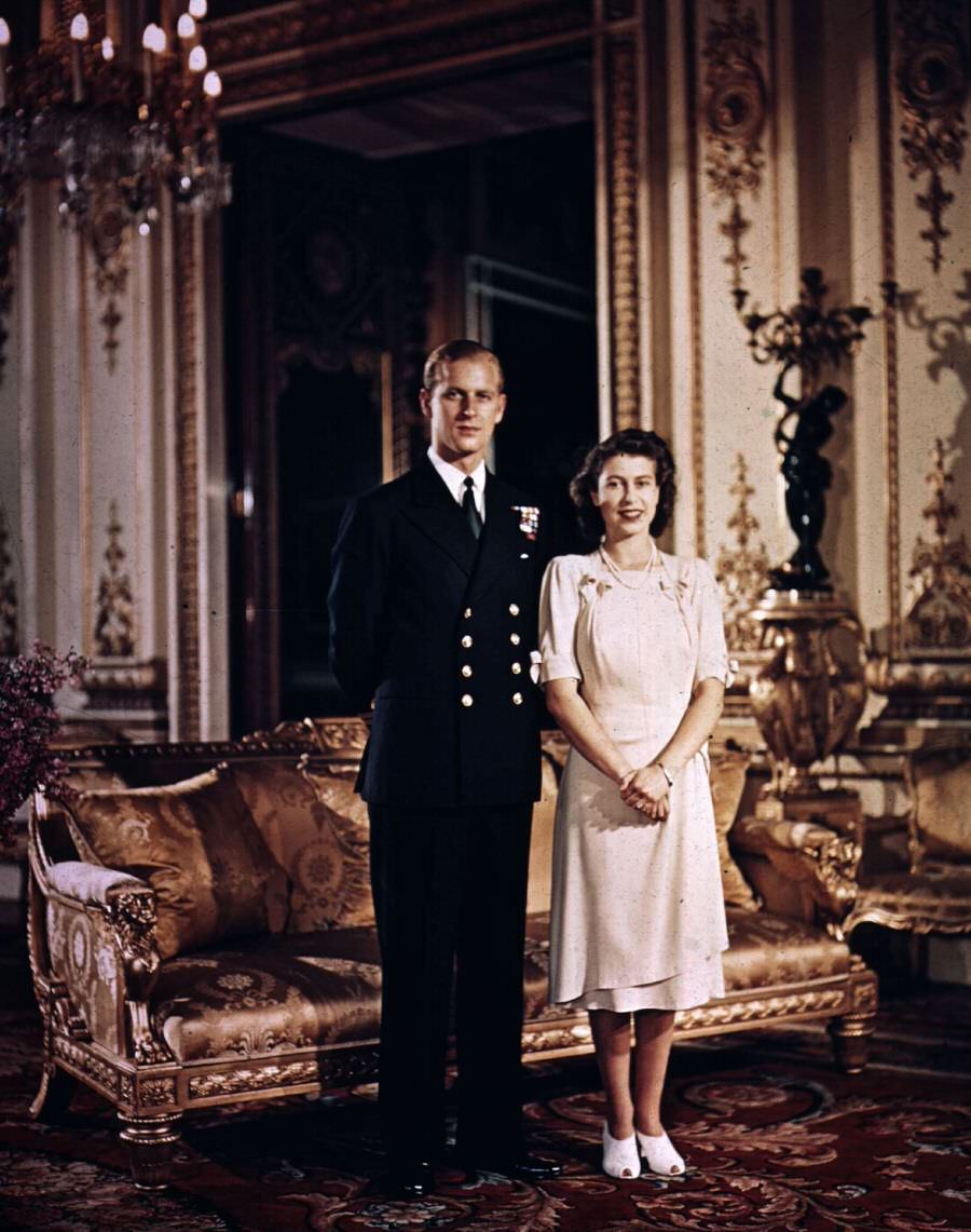 Princess Elizabeth and Prince Philip, Duke of Edinburgh at Buckingham Palace shortly before their wedding, 1947.