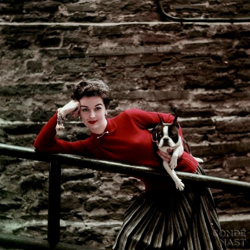 Model with dog, Glamour, August 1952