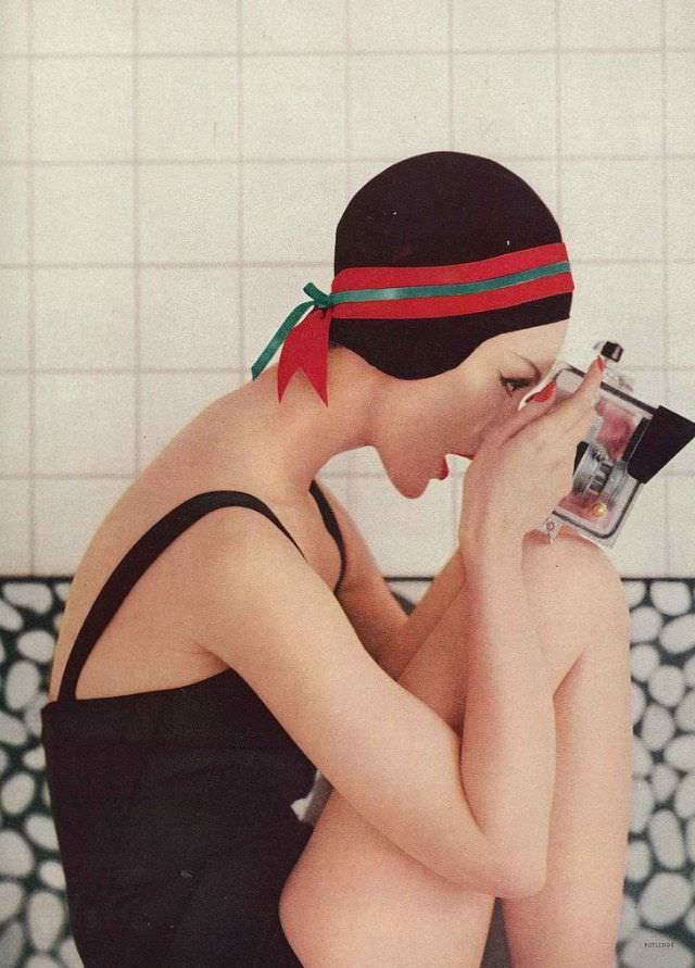 Model wearing bathing cap, Vogue, June 1956