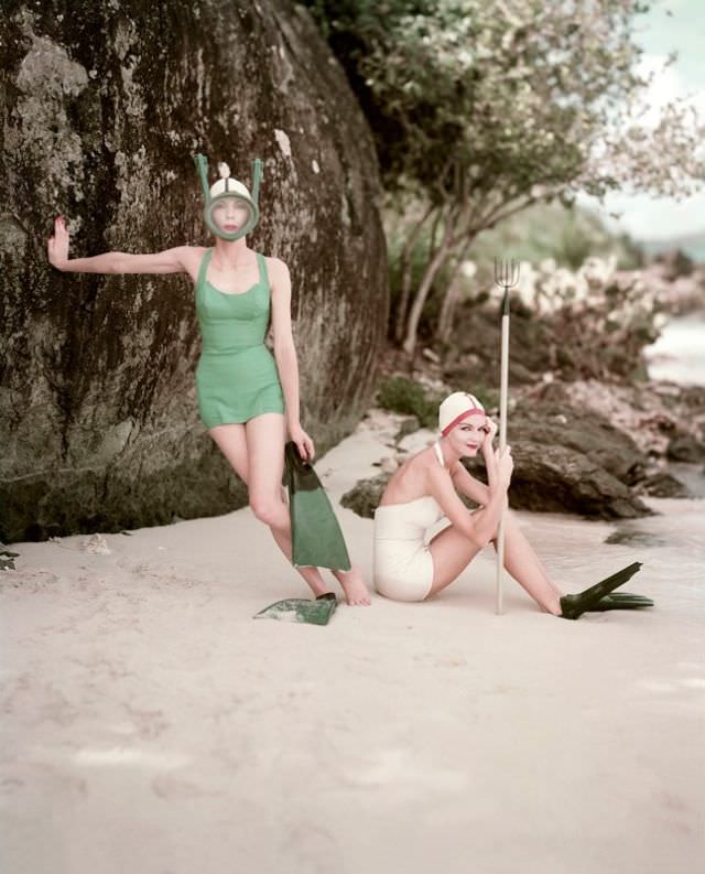 Two models in Rose Marie Reid swimsuits, 1957
