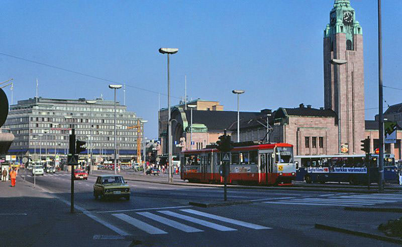 The building near left (background) is the Sokos Helsinki department store, part of a chain that has stores throughout Finland, 1981