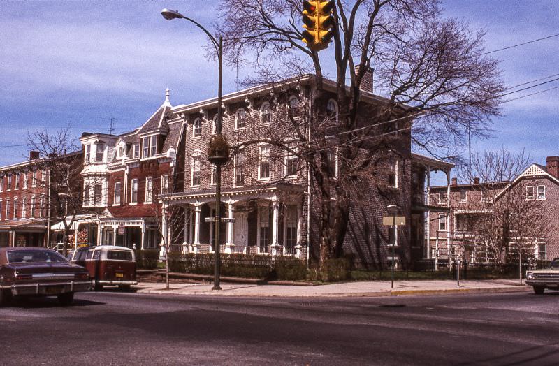 Sixth and Chew Streets, vintage lampost flower planters