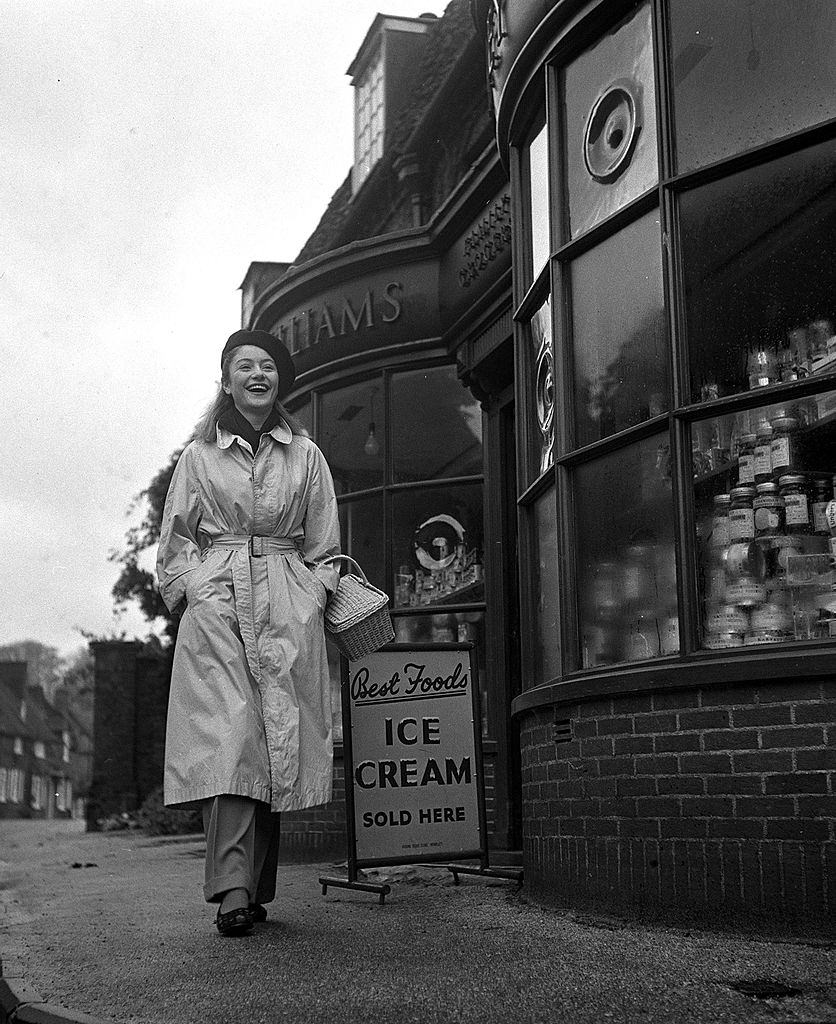 Anouk Aimee shopping in England, 1949.