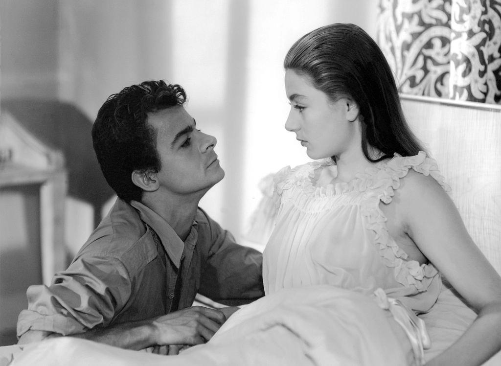 Anouk Aimee with actor Serge Reggiani on the set of Les Amants de Vérone, 1949.