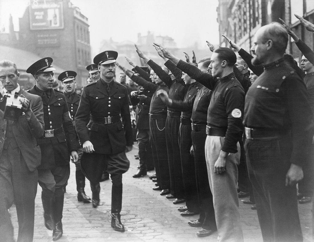 British politician Sir Oswald Ernald Mosley inspects members of his British Union of Fascists in Royal Mint Street, London.