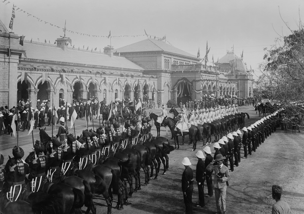 The Imperial Cadet Corps assembles outside the Delhi railway station.