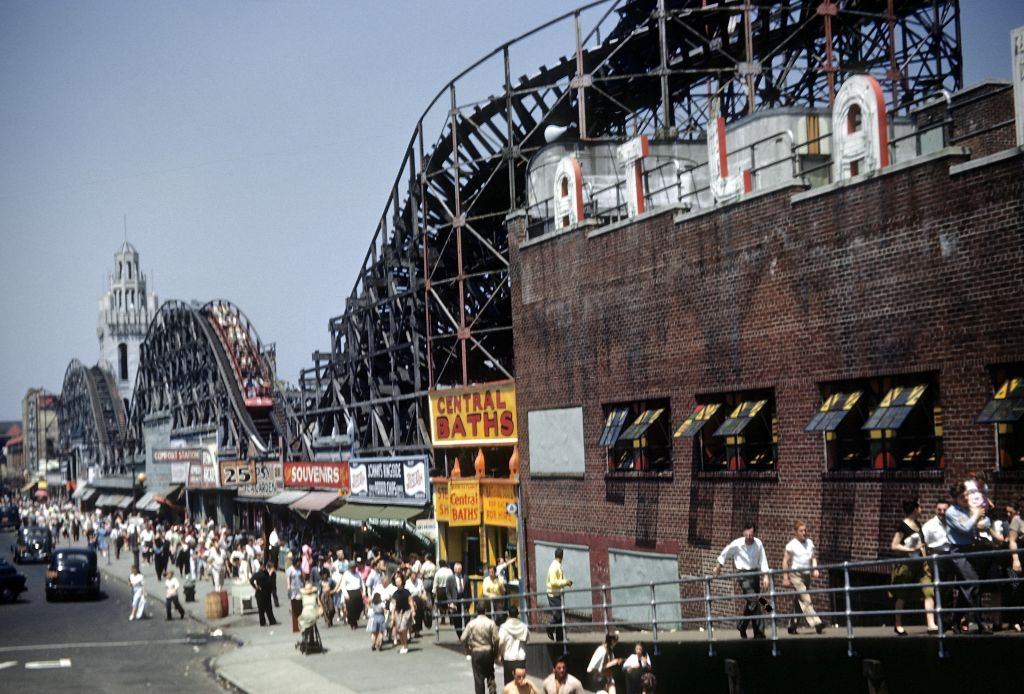 A view of Coney Island and Bob's Coaster (aka The Tornado), 1948.