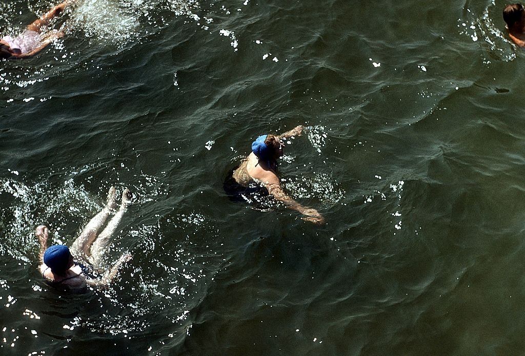 Swimmers frolic in the ocean off Coney Island, 1948.