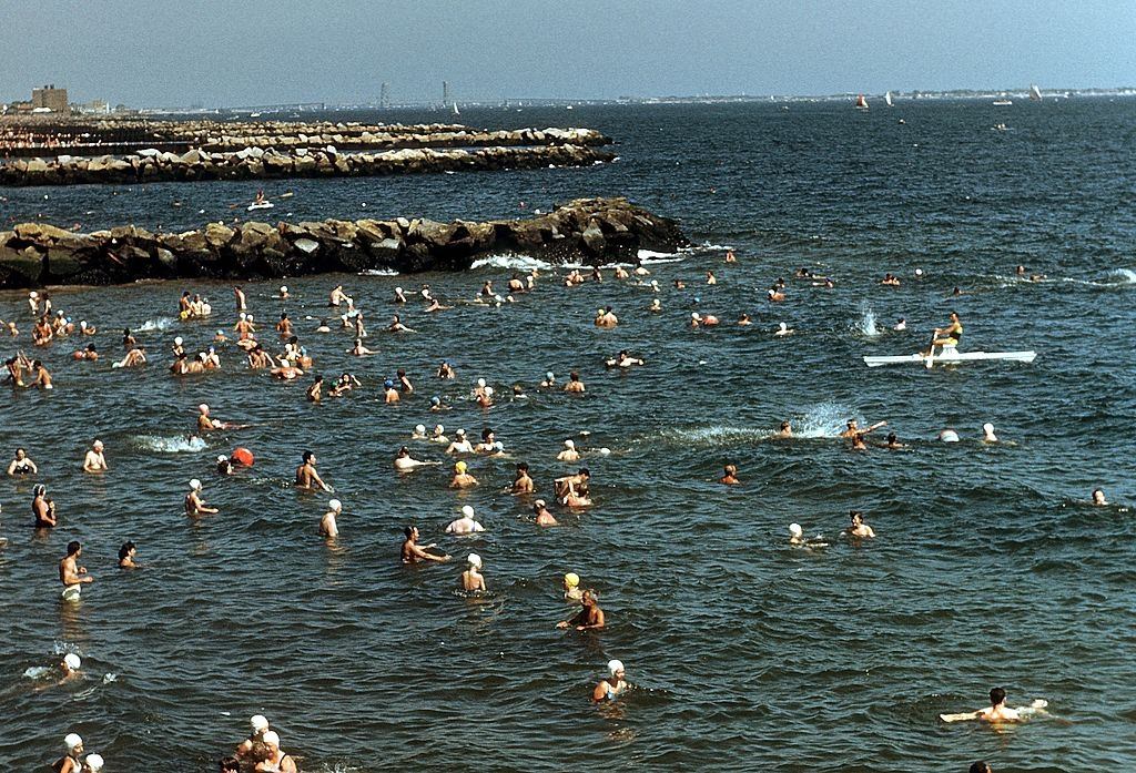 Swimmers frolic in the ocean off Coney Island beach, 1948.