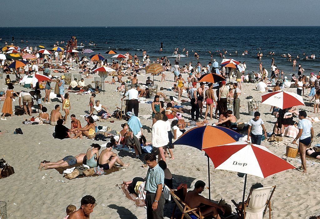 Sunbathers on Coney Island beach circa 1948