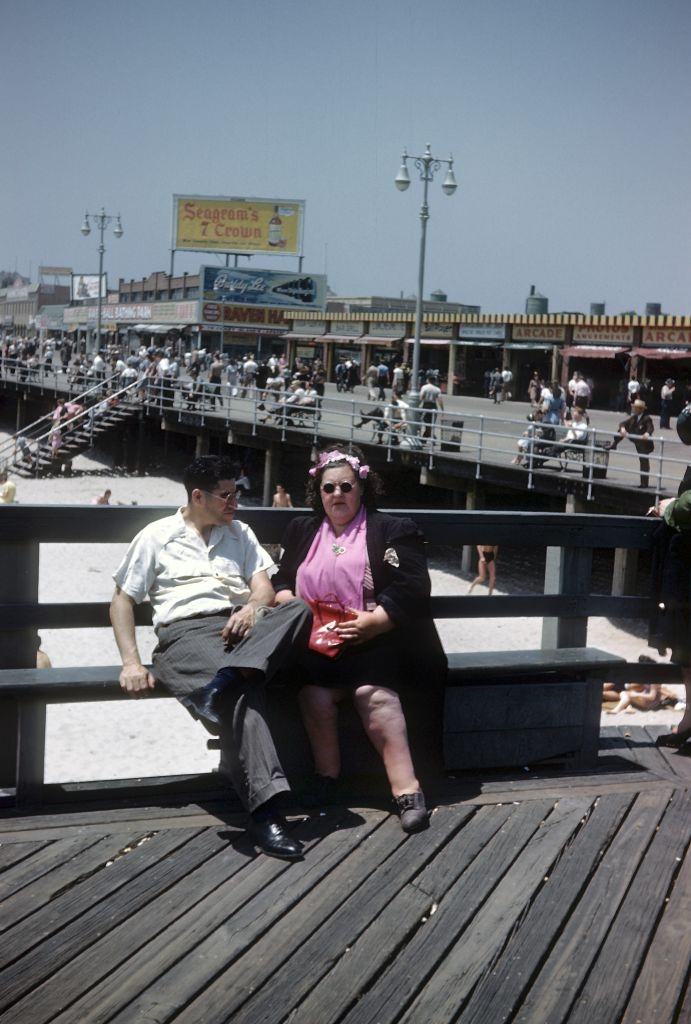 Coney Island Boardwalk and the beach circa 1948.