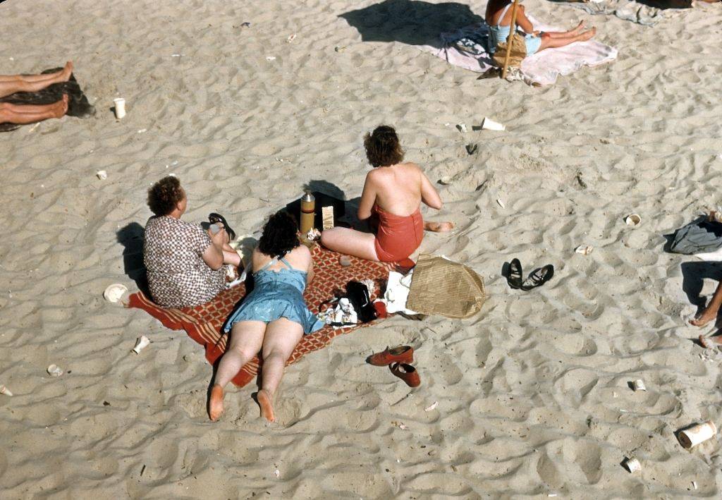 Sunbathers on Coney Island beach circa 1948.
