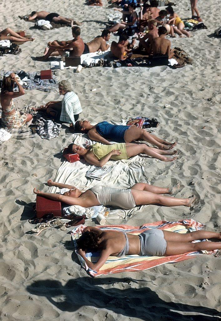 Sunbathers on Coney Island beach circa 1948 in Brooklyn.