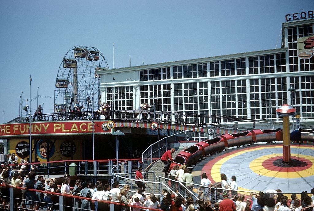 The Silver Streak ride and The Funny Place in Steeplechase Park, 1948.