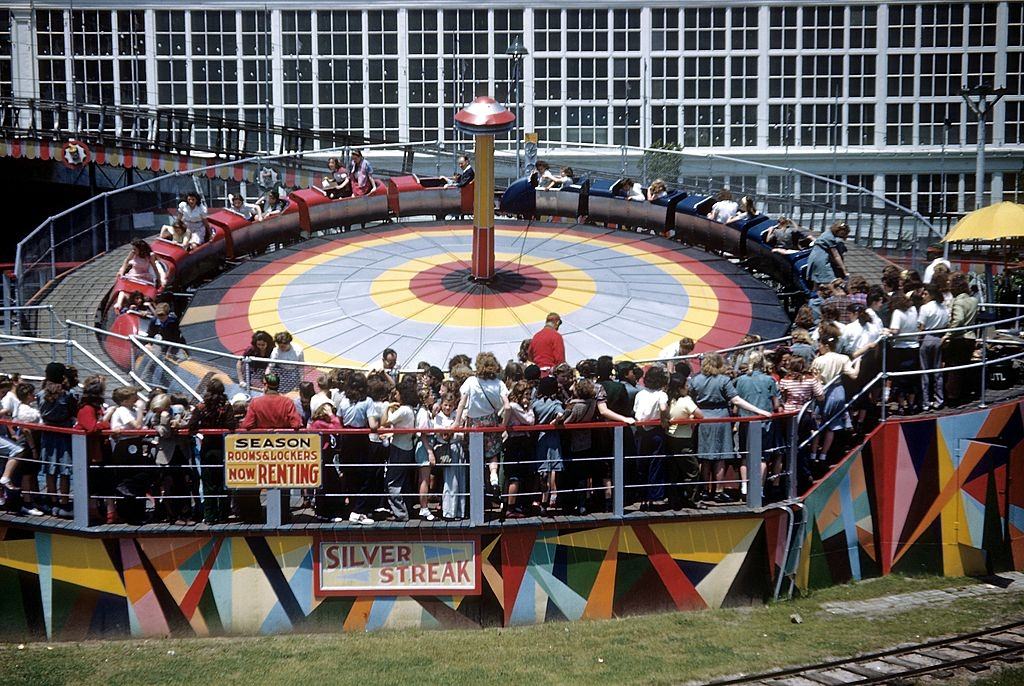 A view of the Silver Streak ride in Steeplechase Park circa 1948 in Brooklyn.