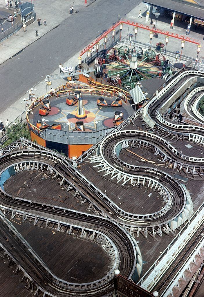 An ariel view of the Virginia Reel roller coaster, the Looper and the Whirlaway rides located at Luna Park in Coney Island, 1948.