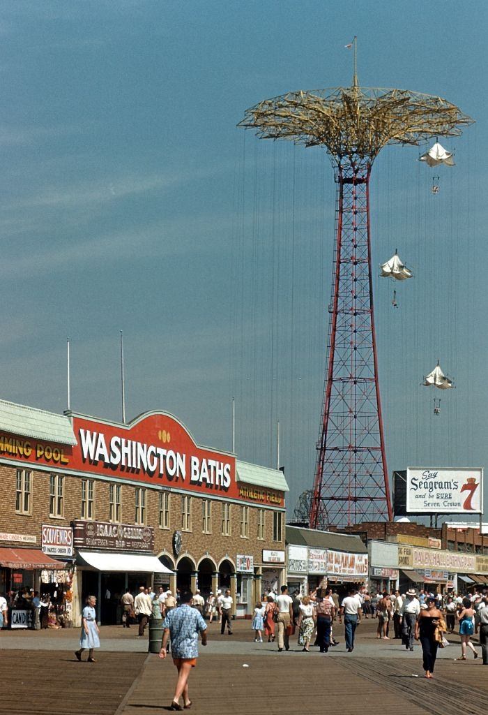 A view of the Coney Island boardwalk, Washington Baths and the famous Parachute Jump in Steeplechase Park, 1948.