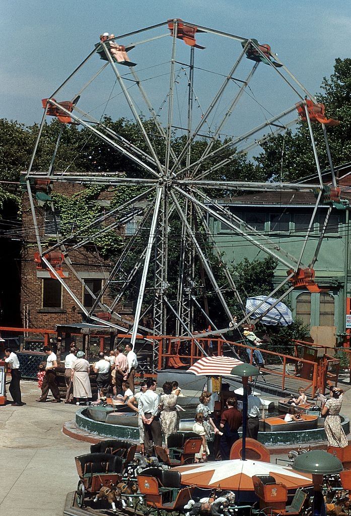 A view of Coney Island and unidentified Ferris Wheel at Coney Island, 1948.