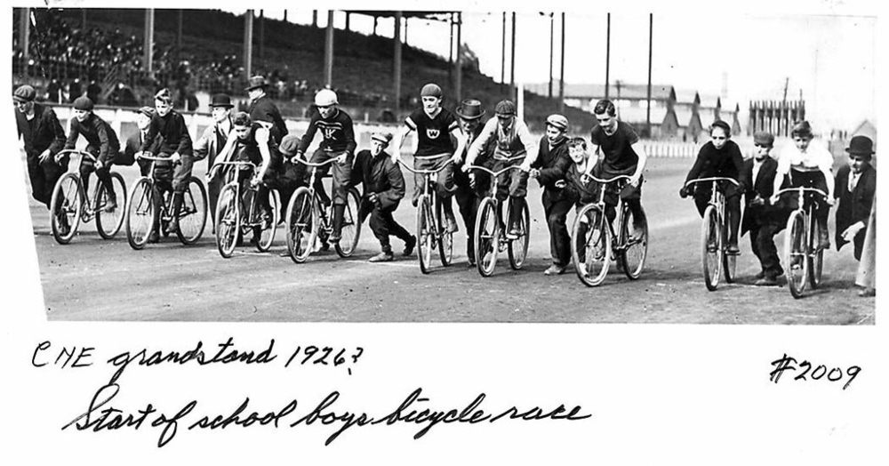 Start of first heat of schoolboys' bicycle race, CNE Grandstand, 1926