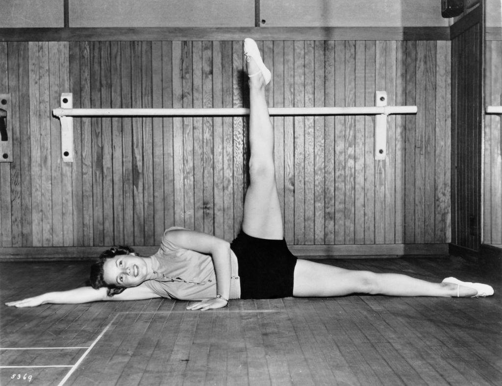Debbie Reynolds doing exercise, 1950.