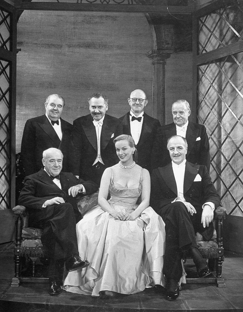 Faye Emerson with Gilbert Miller, Ferenc Molnar, Louis Calhern, Arthur Margetson and Ernest Cossart, 1948.