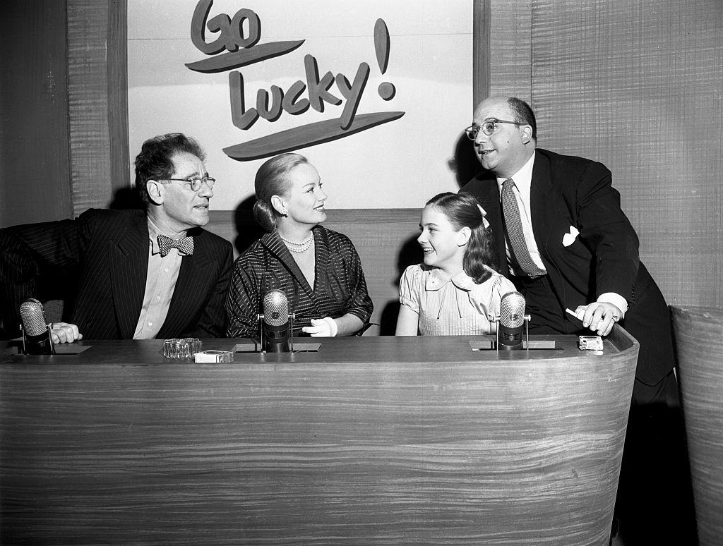 Faye Emerson with George S. Kaufman Junie Keegan, and Abe Burrows in a TV show, 1951.