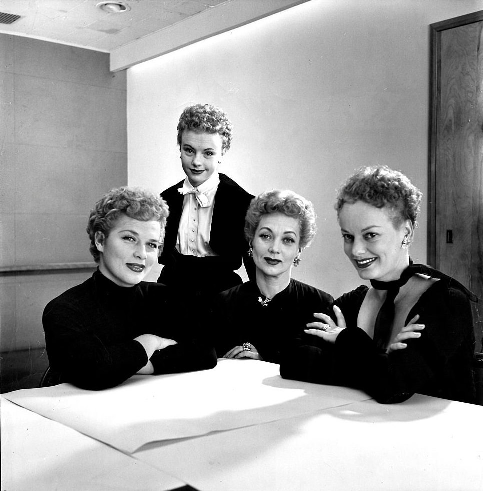 Faye Emerson with Denise Darcel, Peggy Ann Garner, and Ann Sothern, 1952.