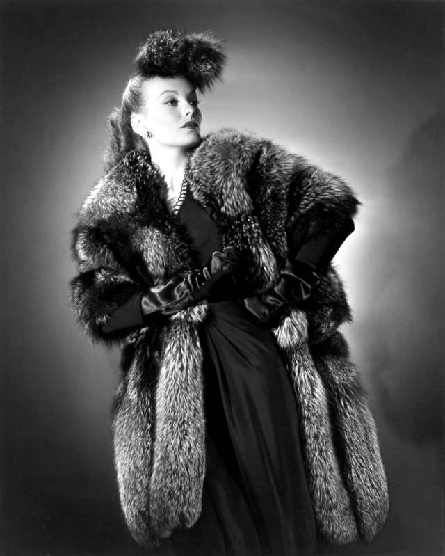 Faye Emerson in a fur coat, 1950s.