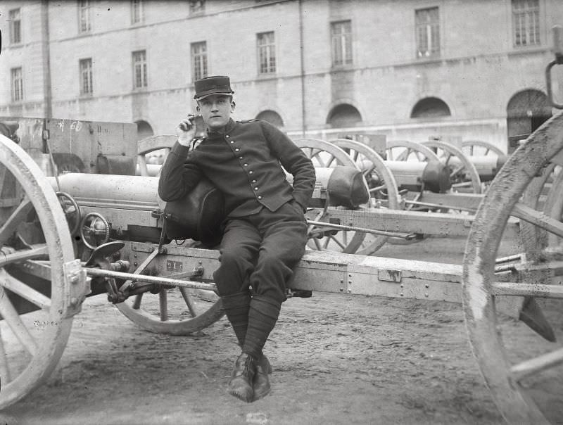 Young soldier in front of the barracks, circa 1914