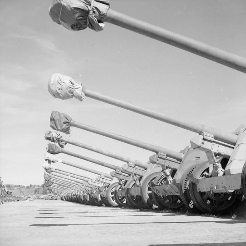 A line of German 7.5cm anti-tank guns at Solar aerodrome, Stavanger.