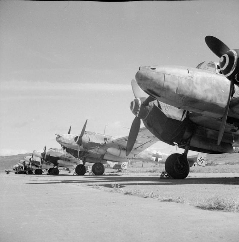 A line of Messerschmitt Bf 110 night fighters at Solar aerodrome, Stavanger, Norway, 1945.