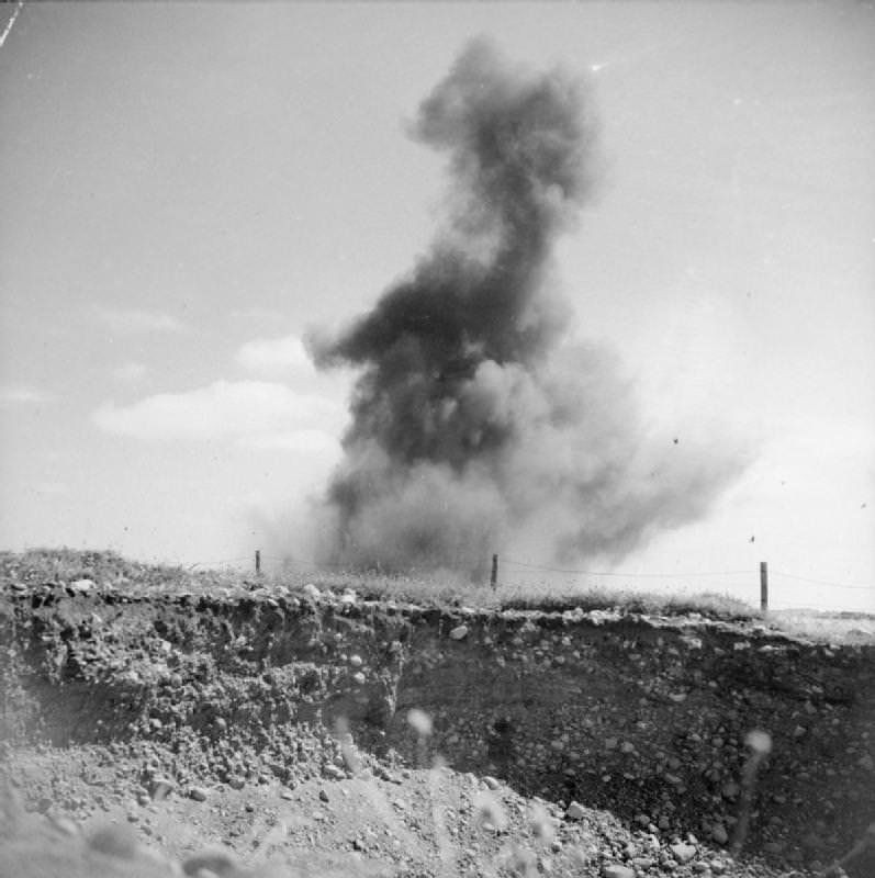 The explosion caused from the detonation of German Teller mines during the clearing of a minefield near Stavanger.