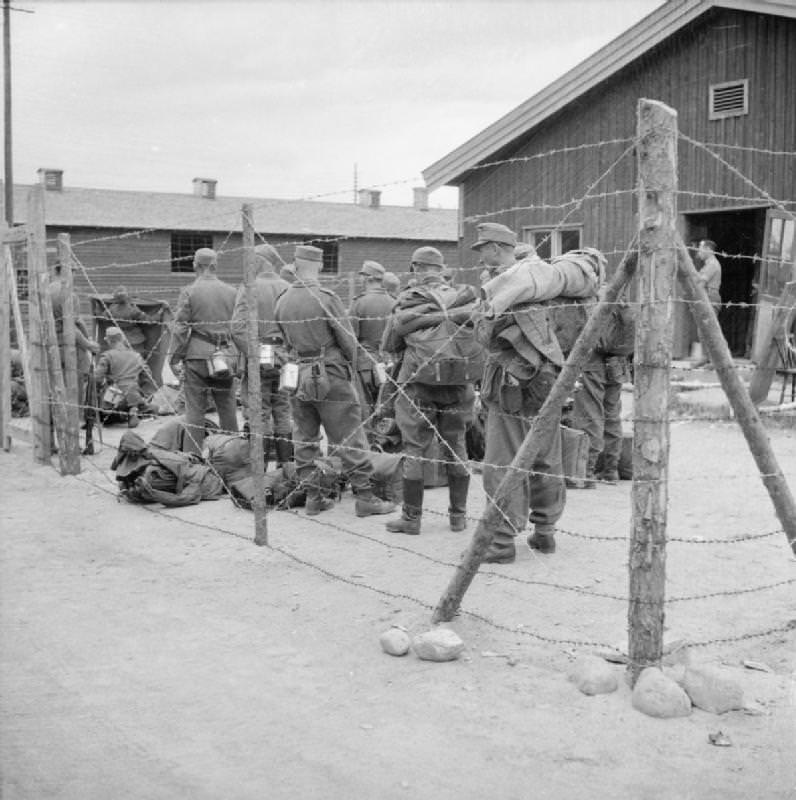 German prisoners of war at Elverum camp being processed prior to embarkation from Norway to Germany.