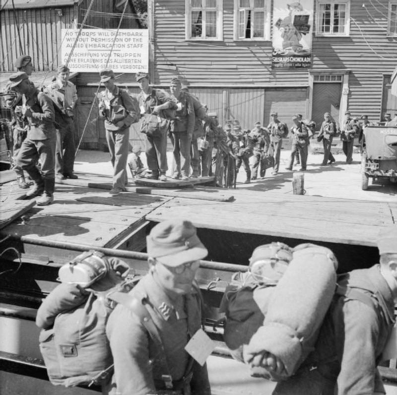 German prisoners of war from Elverum camp prepare for embarkation from Norway to Germany.