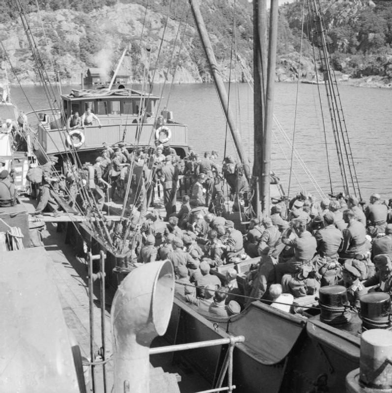 German prisoners of war from Elverum camp prepare for embarkation from Norway to Germany.