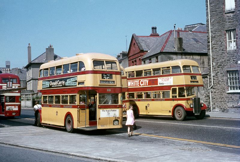 A busy scene at Douglas Bus Station with three Corpn. Regents and a Road Services Leyland, 5 August 1970