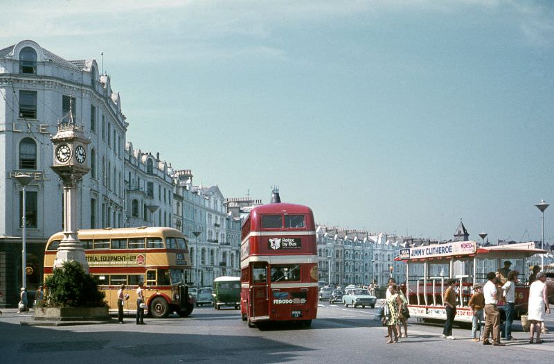 Douglas Clock Tower with Regent No.71, Road Sers. PD2 No.11 & Horse Tram, 5 August 1970