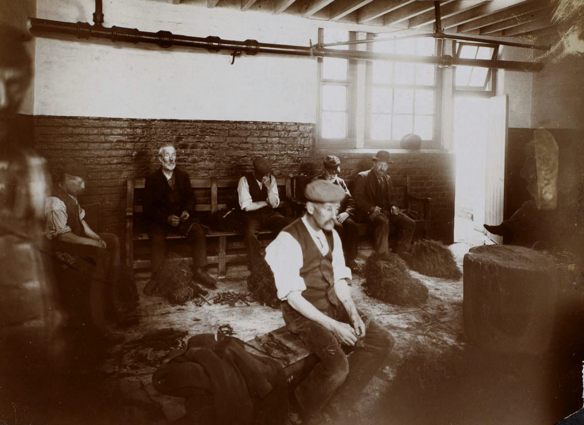 Men working in casual ward of workhouse picking oakum – teasing out of fibres from old ropes and was very hard on the fingers.