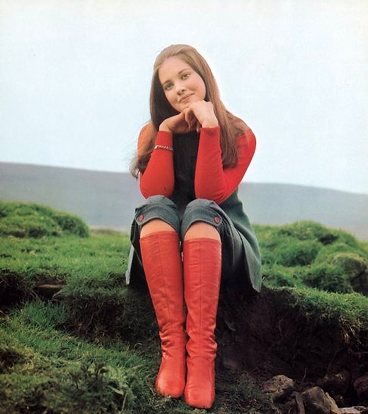 Lynne Frederick in red long go-go, 1970.