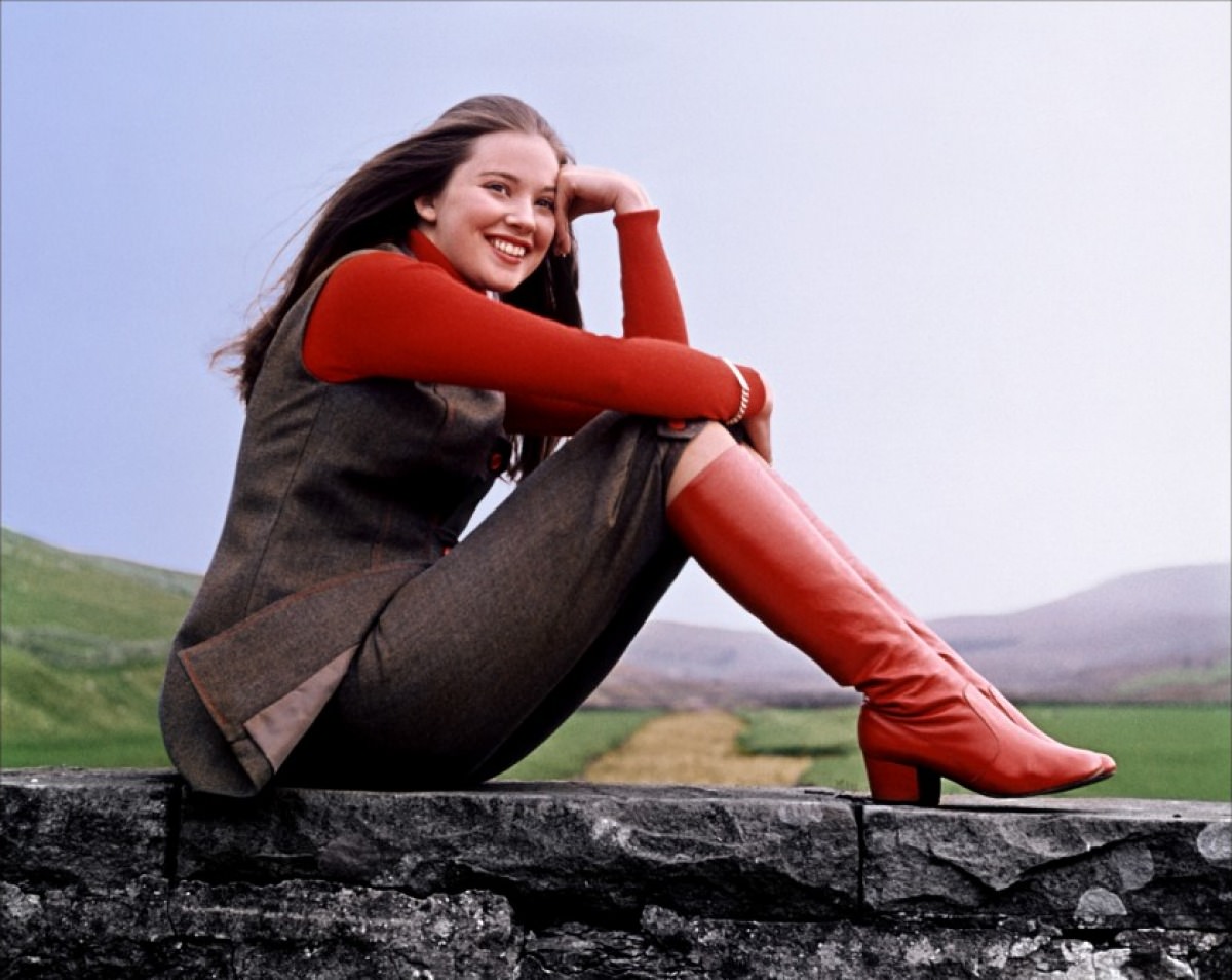 Lynne Frederick in red long go-go, 1970.