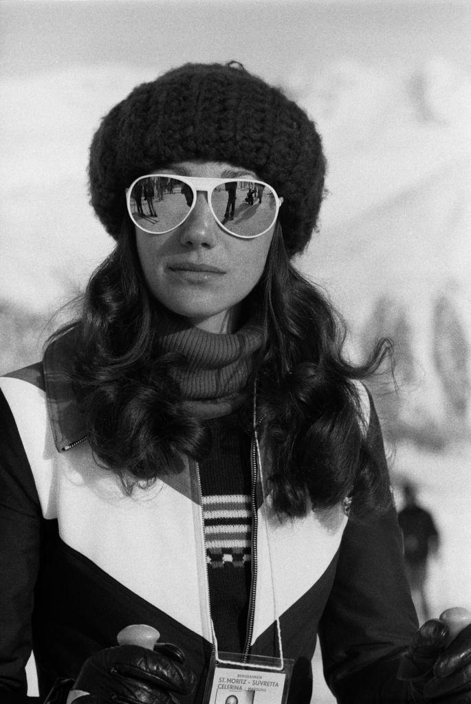 Marisa Berenson at winter sports in St. Moritz in February 1975.
