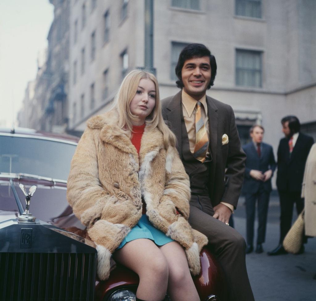 Mary Hopkin with English pop singer Engelbert Humperdinck outside the Westbury Hotel in London, 7th March 1969.