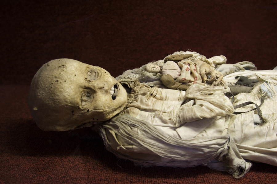 A mummified child on display.