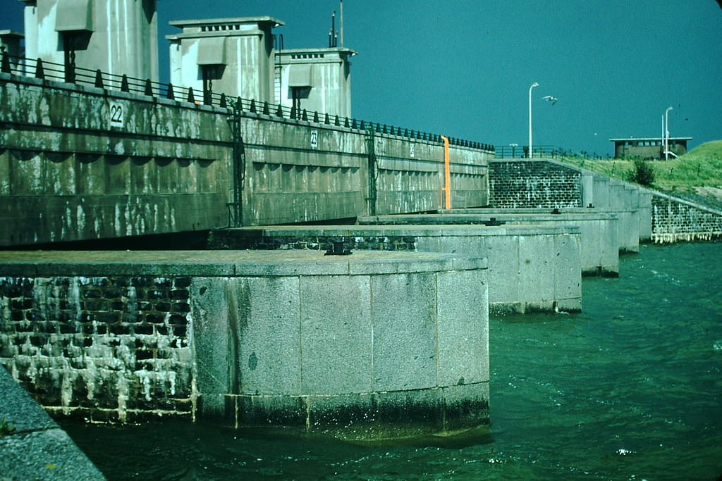 Locks at Kornwerderzand Dyke across North Sea, Netherlands, 1954