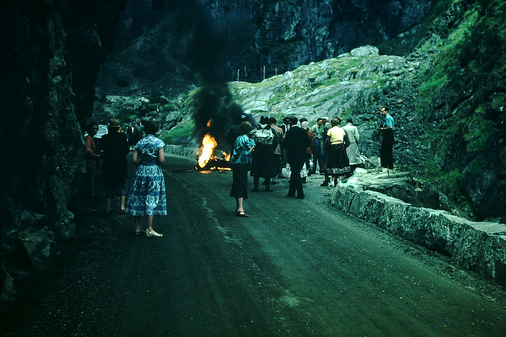 Motorcycle Burns on Mt Rd to Voringfoss Falls, Norway, 1954
