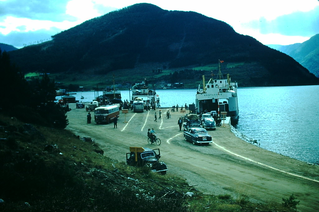Ferry loading at Kaupanger Sognesfjord, Norway, 1954