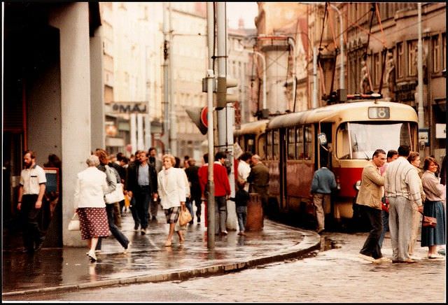 A tram inches along Spálená in the Nové Město