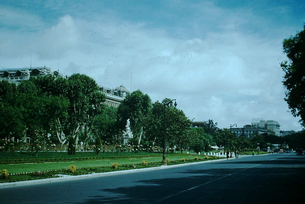 Pasa del Prado Toward Plaza Cibeles, Madrid, Spain, 1954