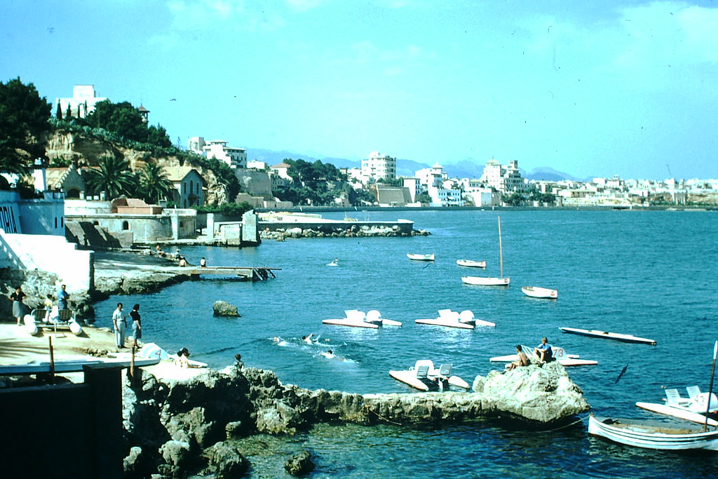 Coast and Hotels from our Hotel, Palma, Spain, 1954